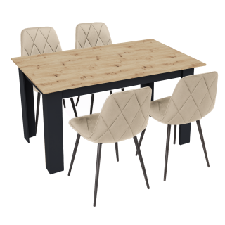 Stół kuchenny 120x80 Dąb Artisan + Czarny +  4 krzesła Piado Beżowe