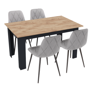 Stół kuchenny 120x80 Dąb Craft + Czarny +  4 krzesła Piado Szare
