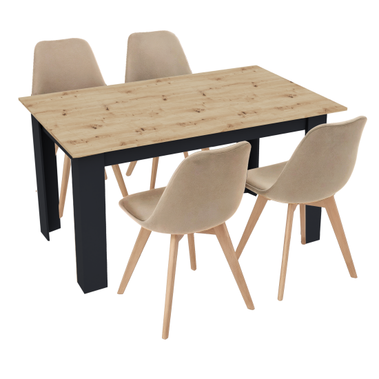 Stół kuchenny 120x80 Dąb Artisan + Czarny +  4 krzesła Bari Beżowe