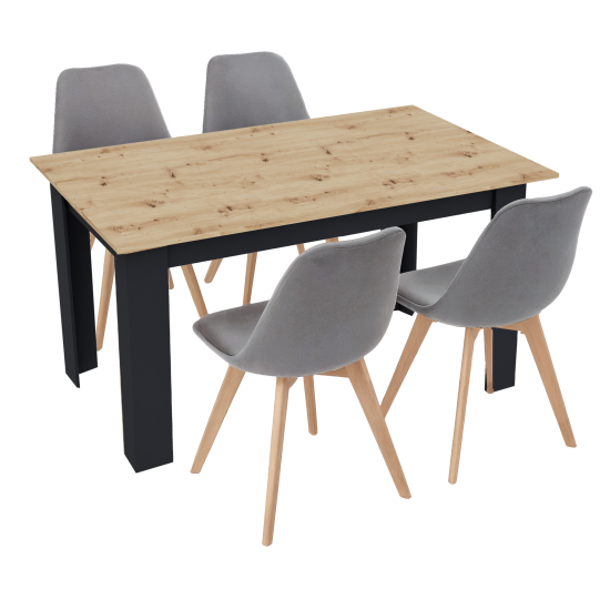 Stół kuchenny 120x80 Dąb Artisan + Czarny +  4 krzesła Bari Szare