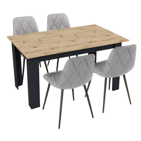 Stół kuchenny 120x80 Dąb Artisan + Czarny +  4 krzesła Piado Szare