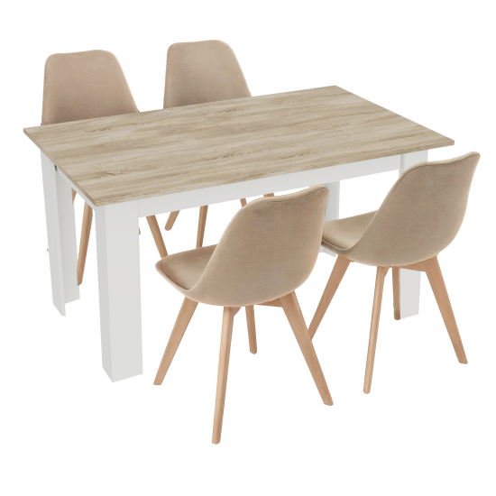 Stół kuchenny 120x80 Dąb Sonoma + Biały +  4 krzesła Bari Beżowe