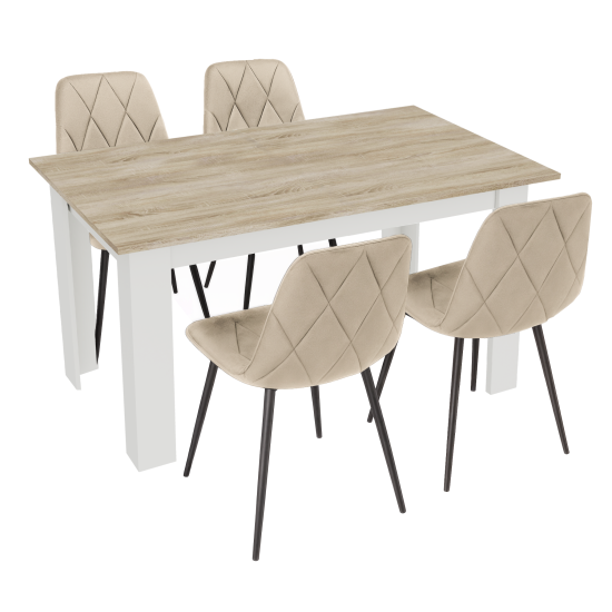 Stół kuchenny 120x80 Dąb Sonoma + Biały +  4 krzesła Piado Beżowe