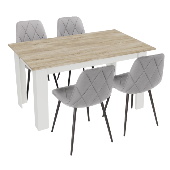 Stół kuchenny 120x80 Dąb Sonoma + Biały + 4 krzesła Piado Szare