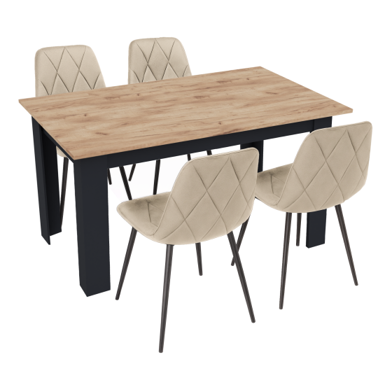Stół kuchenny 120x80 Dąb Craft + Czarny +  4 krzesła Piado Beżowe