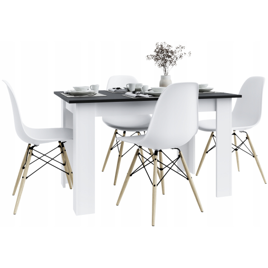 Stół kuchenny 120x80 Czarny + Białe Nogi + 4 krzesła Skandynawskie Milano Białe